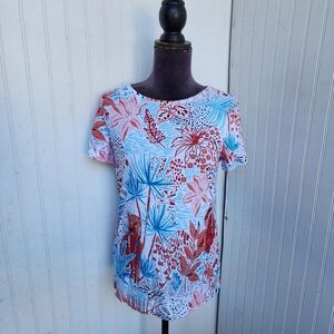 Chico's Sz 0 Women Blue Red Floral White Short Sleeve Pullover Cotton Sz 4 (S)